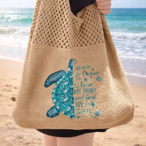 Crochet Beach Tote Bag – Khaki Summer Mesh Shoulder Bag (Turtle Design)